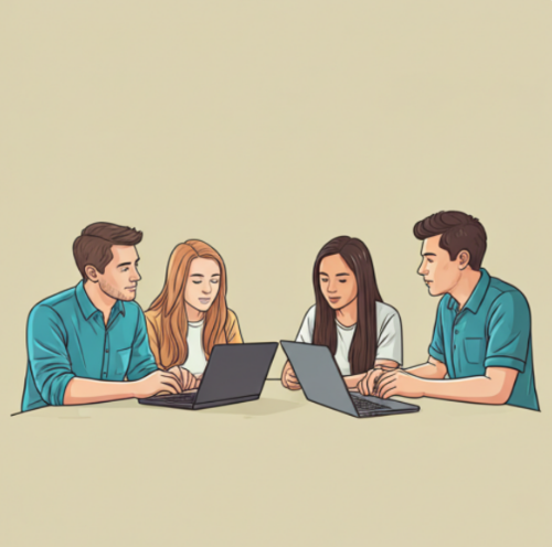 A group of diverse students collaborating around a table with laptops