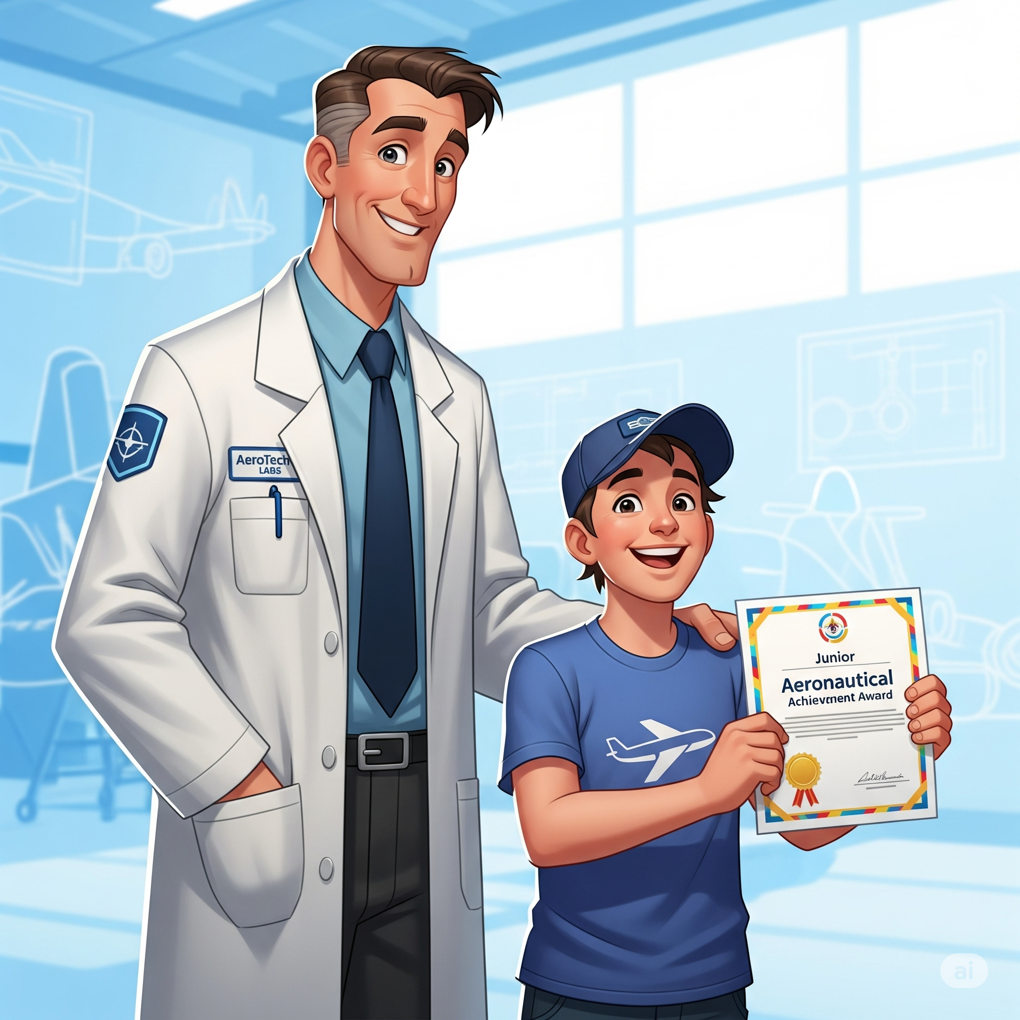 A professional from a space research center smiling with a boy in graduation costume holding a certificate from the space research center.