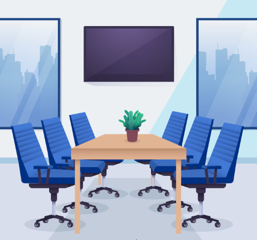 A photo of a conference room with a presentation on a screen.